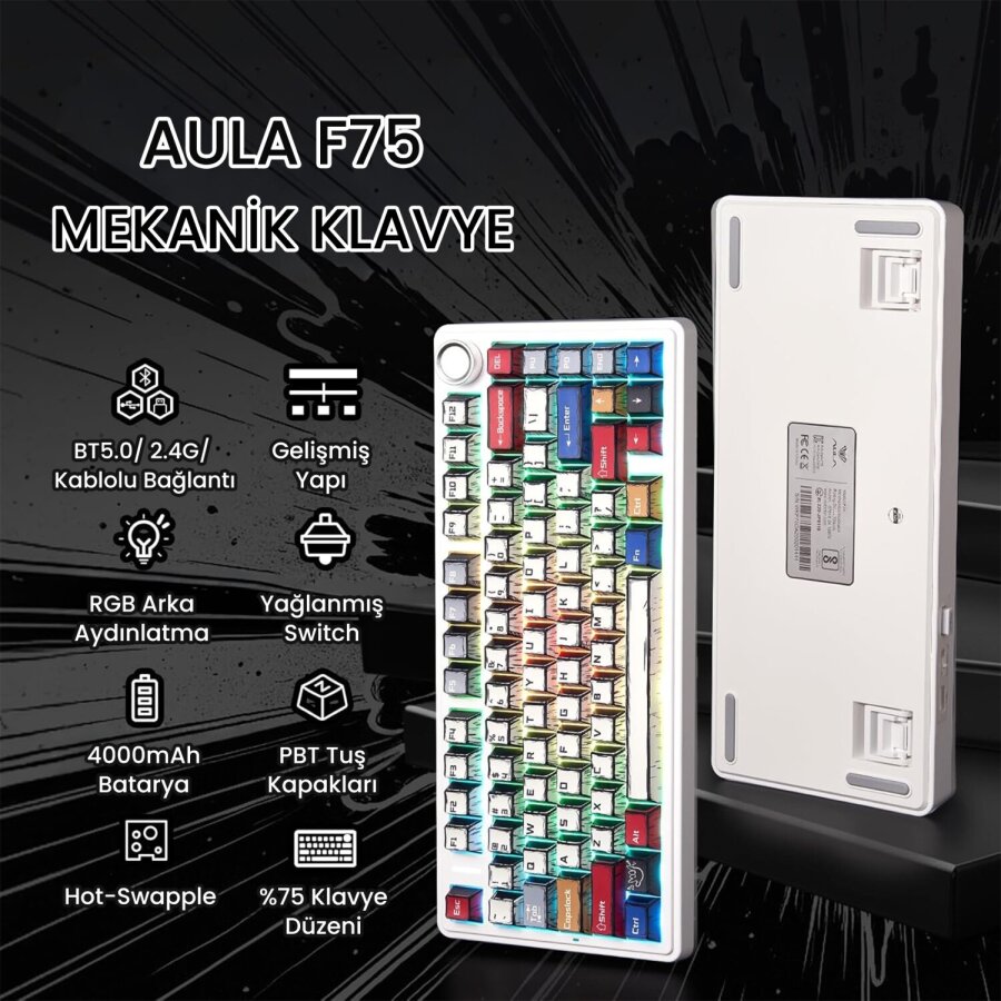 Aula F75 Mekanik Kablosuz Oyuncu Klavyesi RGB TKL Reaper Switch Hot Swap Makrolu Comic Karikatür Tasarım Siyah - 2