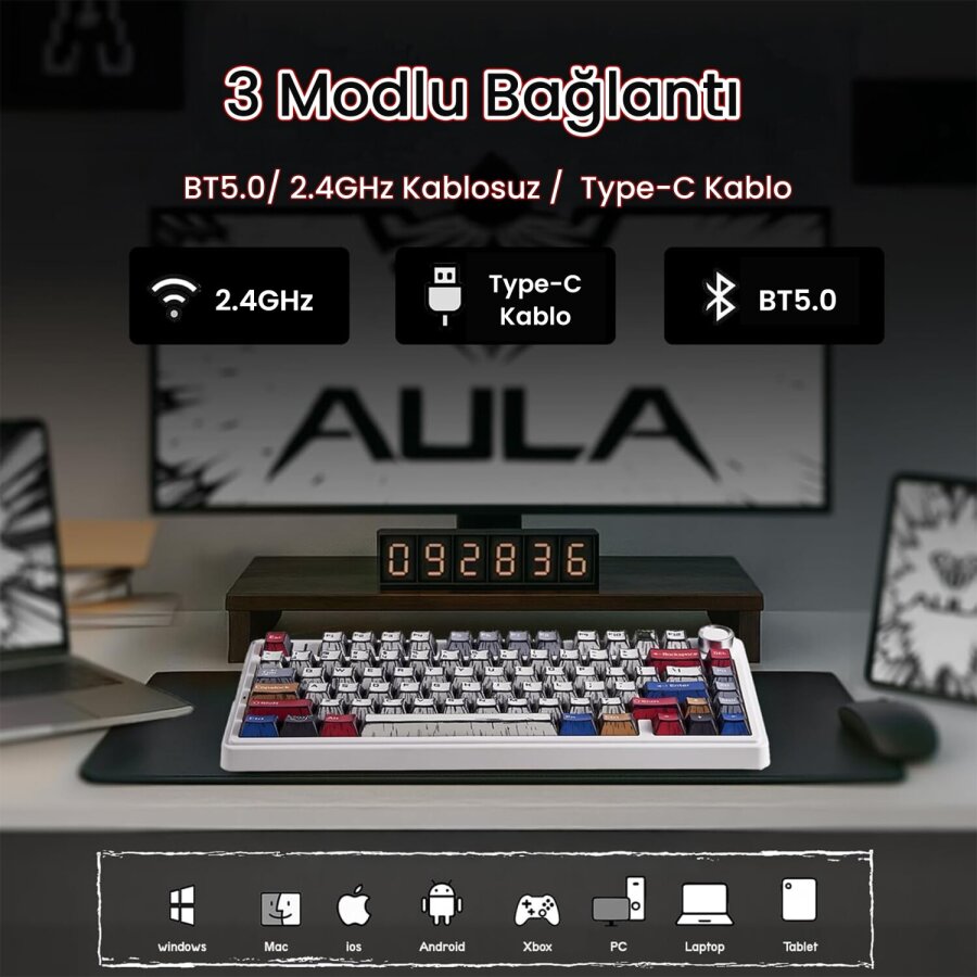 Aula F75 Mekanik Kablosuz Oyuncu Klavyesi RGB TKL Reaper Switch Hot Swap Makrolu Comic Karikatür Tasarım Siyah - 3