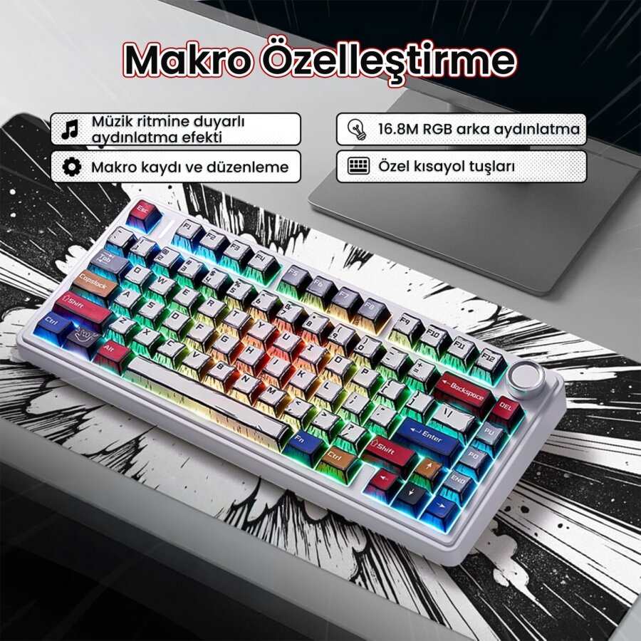 Aula F75 Mekanik Kablosuz Oyuncu Klavyesi RGB TKL Reaper Switch Hot Swap Makrolu Comic Karikatür Tasarım Siyah - 4