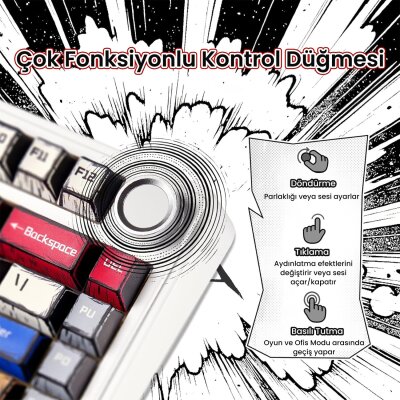 Aula F75 Mekanik Kablosuz Oyuncu Klavyesi RGB TKL Reaper Switch Hot Swap Makrolu Comic Karikatür Tasarım Siyah - 8