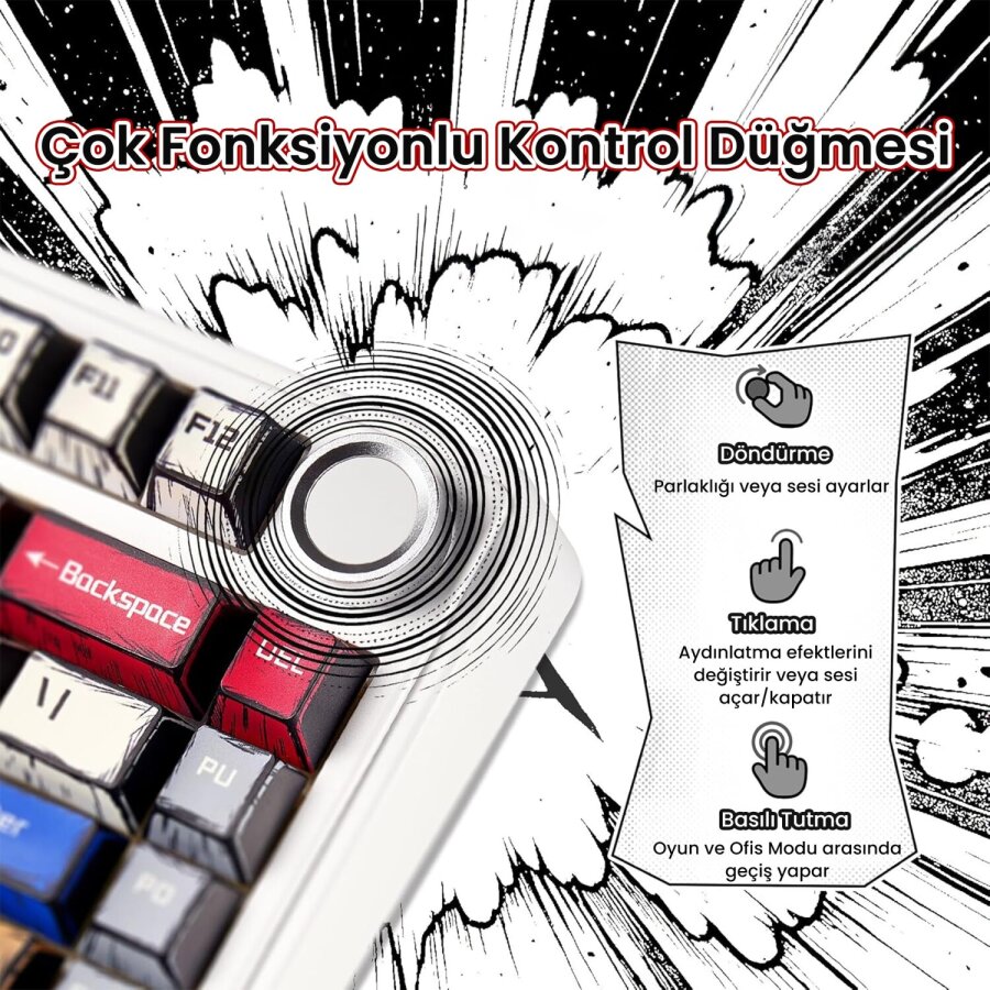 Aula F75 Mekanik Kablosuz Oyuncu Klavyesi RGB TKL Reaper Switch Hot Swap Makrolu Comic Karikatür Tasarım Siyah - 8