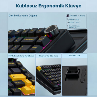 Aula F75 Mekanik RGB Klavye TKL Crescent Switch Tri Mode Kablosuz Makrolu Hot Swap Gaming Oyuncu Klavyesi Siyah - 4