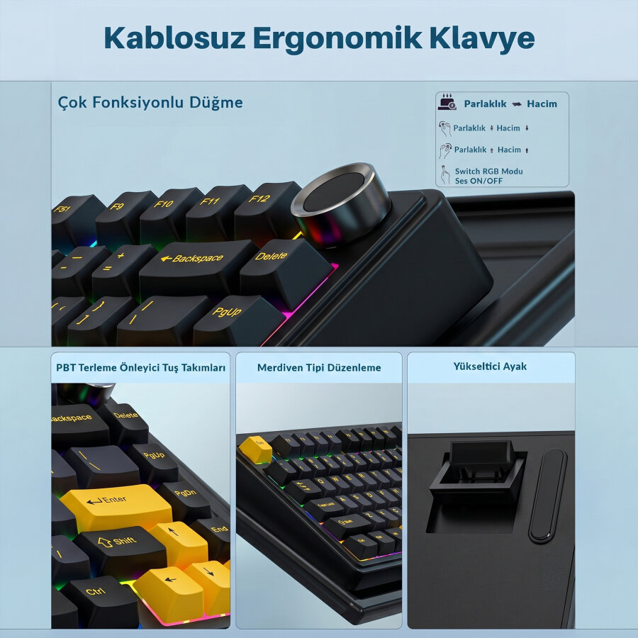 Aula F75 Mekanik RGB Klavye TKL Crescent Switch Tri Mode Kablosuz Makrolu Hot Swap Gaming Oyuncu Klavyesi Siyah - 4
