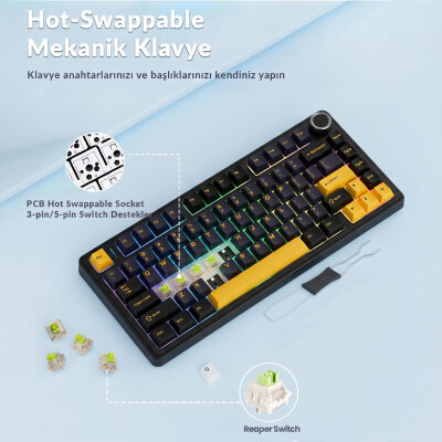 Aula F75 Mekanik RGB Klavye TKL Crescent Switch Tri Mode Kablosuz Makrolu Hot Swap Gaming Oyuncu Klavyesi Siyah - 5