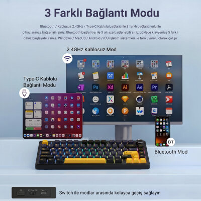 Aula F75 Mekanik RGB Klavye TKL Crescent Switch Tri Mode Kablosuz Makrolu Hot Swap Gaming Oyuncu Klavyesi Siyah - 6