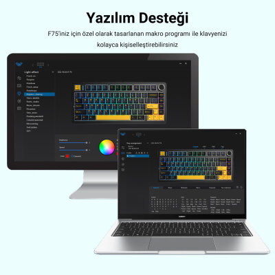 Aula F75 Mekanik RGB Klavye TKL Crescent Switch Tri Mode Kablosuz Makrolu Hot Swap Gaming Oyuncu Klavyesi Siyah - 9