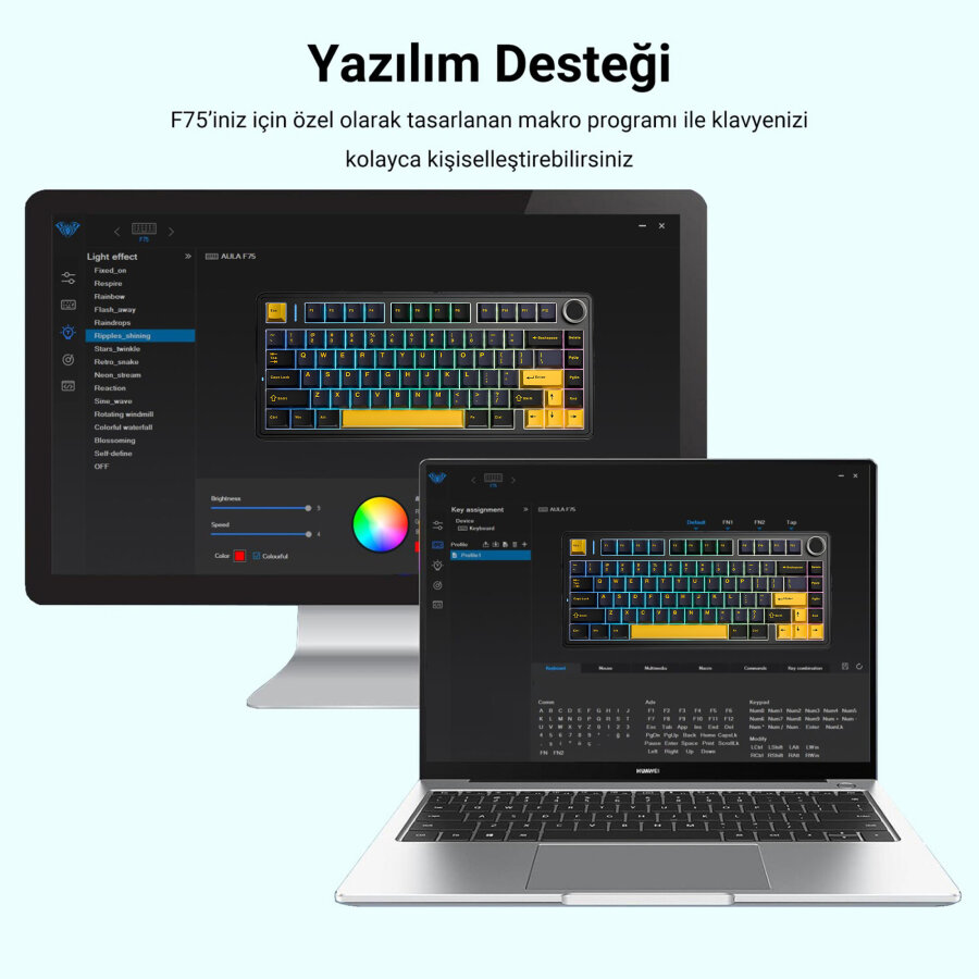 Aula F75 Mekanik RGB Klavye TKL Crescent Switch Tri Mode Kablosuz Makrolu Hot Swap Gaming Oyuncu Klavyesi Siyah - 9
