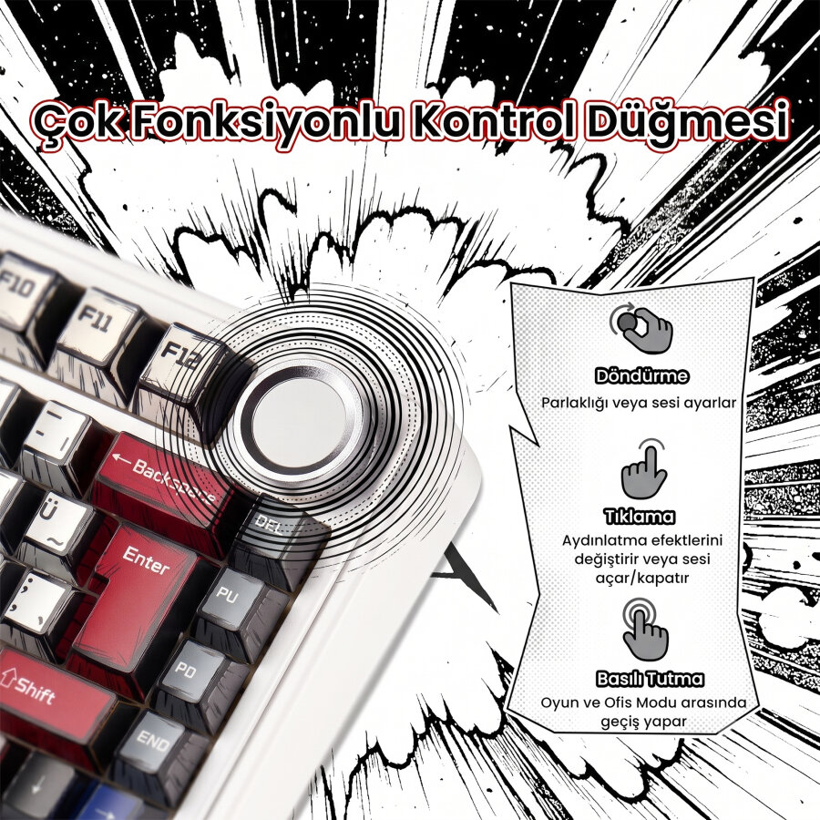 Aula F75 Mekanik RGB TKL GrayWood V4 Switch Kablosuz Makrolu Hot Swap Türkçe Q Klavye Comic - 8