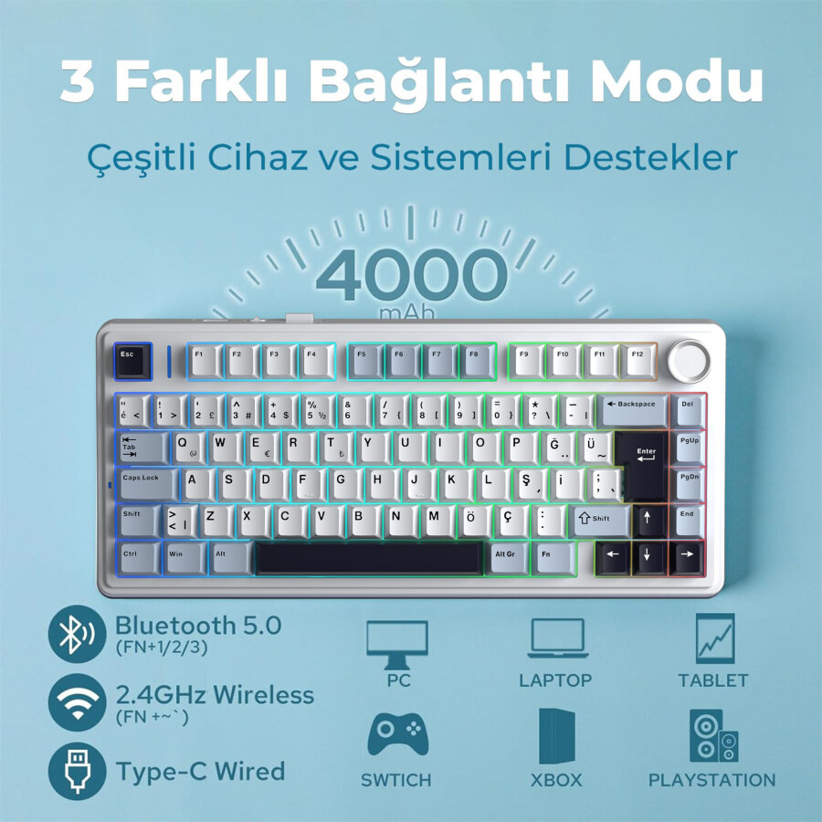 Aula F75 Mekanik RGB TKL GrayWood V4 Switch Kablosuz Makrolu Hot Swap Türkçe Q Klavye Lacivert - 3