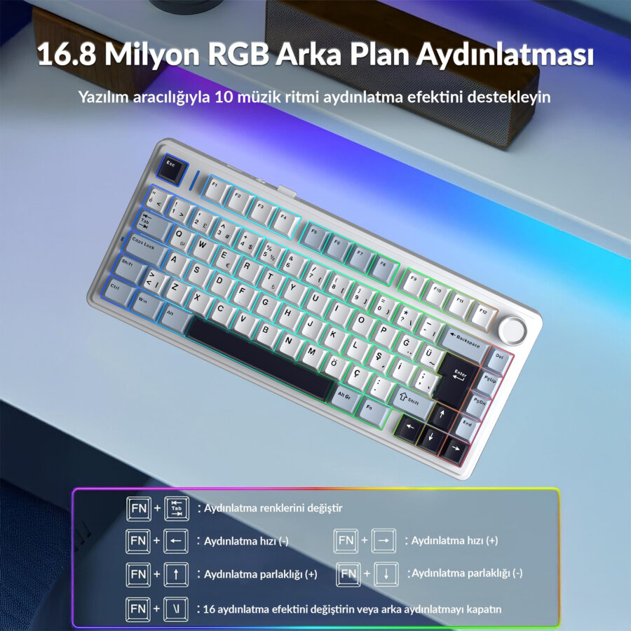 Aula F75 Mekanik RGB TKL GrayWood V4 Switch Kablosuz Makrolu Hot Swap Türkçe Q Klavye Lacivert - 4