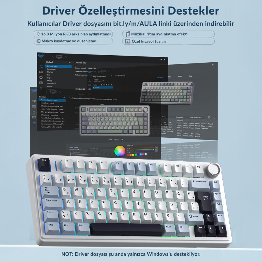 Aula F75 Mekanik RGB TKL GrayWood V4 Switch Kablosuz Makrolu Hot Swap Türkçe Q Klavye Lacivert - 7