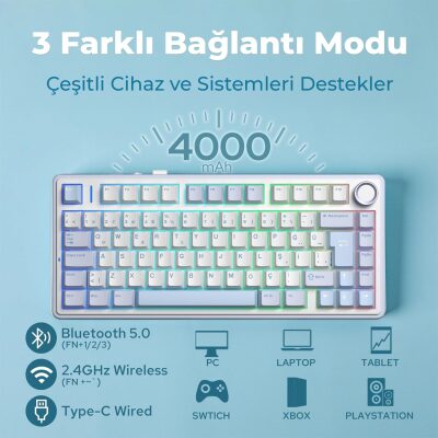 Aula F75 Mekanik RGB TKL Hot Swap GrayWood V4 Switch Kablosuz Makrolu Türkçe Q Klavye Buz Mavisi - 3