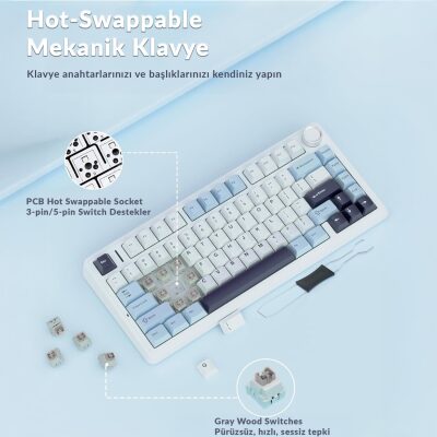 Aula F75 Mekanik RGB TKL Hot Swap GrayWood V4 Switch Kablosuz Makrolu Türkçe Q Klavye Buz Mavisi - 7