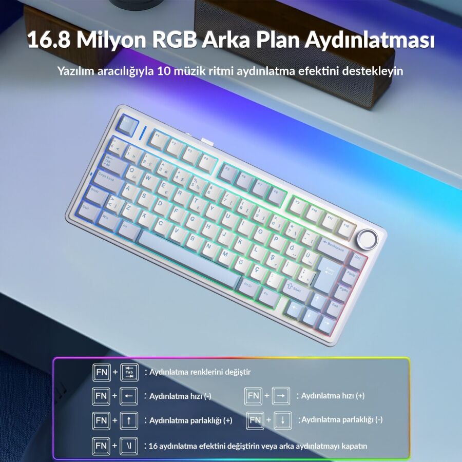 Aula F75 Mekanik RGB TKL Hot Swap GrayWood V4 Switch Kablosuz Makrolu Türkçe Q Klavye Buz Mavisi - 4