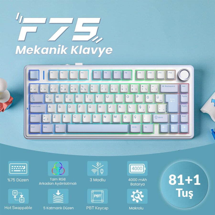 Aula F75 Mekanik RGB TKL Hot Swap GrayWood V4 Switch Kablosuz Makrolu Türkçe Q Klavye Buz Mavisi - 2