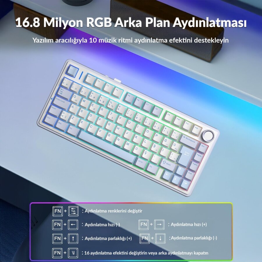 Aula F75 Mekanik RGB TKL Hot Swap GrayWood V4 Switch Kablosuz Makrolu Türkçe Q Klavye Buz Mavisi - 4