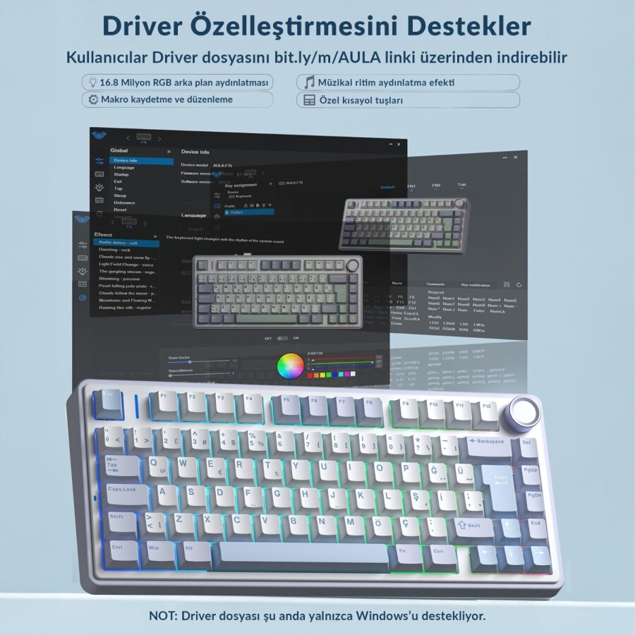 Aula F75 Mekanik RGB TKL Hot Swap GrayWood V4 Switch Kablosuz Makrolu Türkçe Q Klavye Buz Mavisi - 6