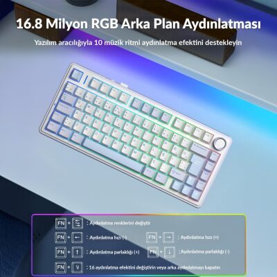 Aula F75 Mekanik RGB TKL Hot Swap GrayWood V4 Switch Kablosuz Makrolu Türkçe Q Klavye Buz Mavisi - 4
