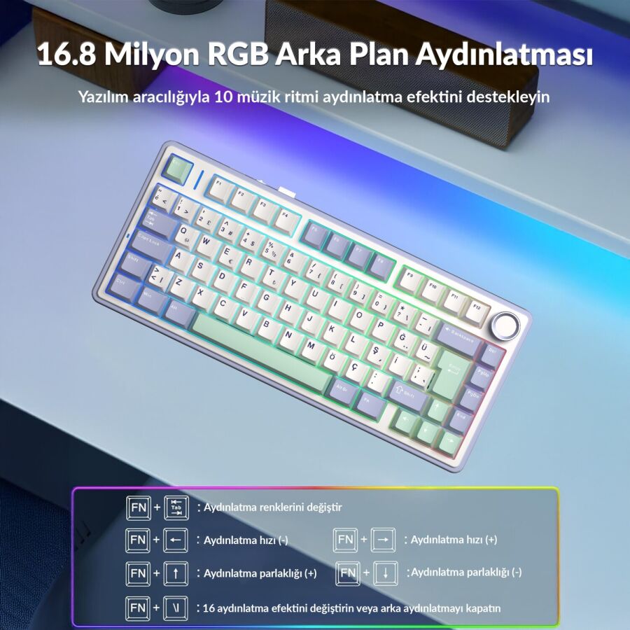 Aula F75 Mekanik RGB TKL Hot Swap GrayWood V4 Switch Kablosuz Makrolu Türkçe Q Klavye Pastel - 4