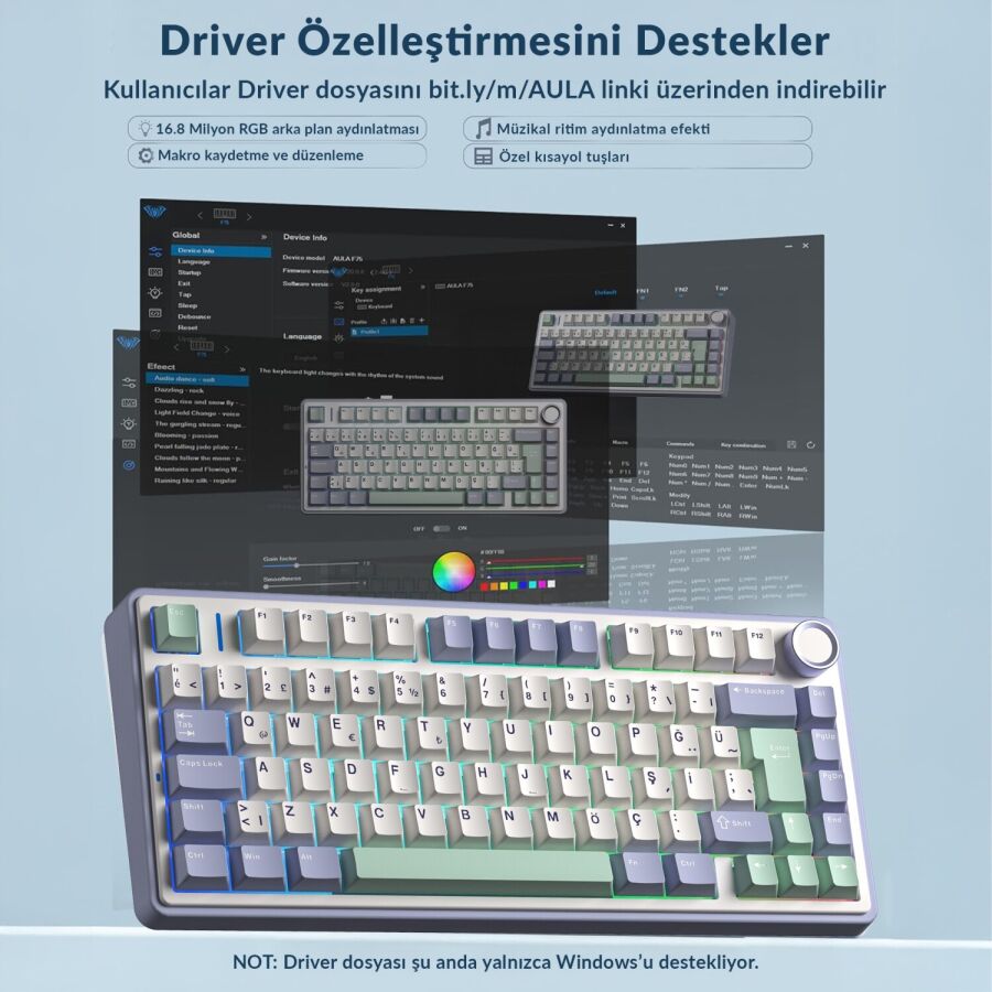 Aula F75 Mekanik RGB TKL Hot Swap GrayWood V4 Switch Kablosuz Makrolu Türkçe Q Klavye Pastel - 6