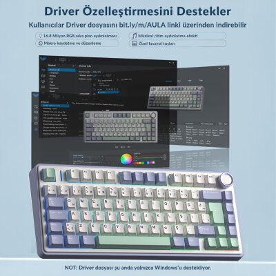 Aula F75 Mekanik RGB TKL Hot Swap GrayWood V4 Switch Kablosuz Makrolu Türkçe Q Klavye Pastel - 6