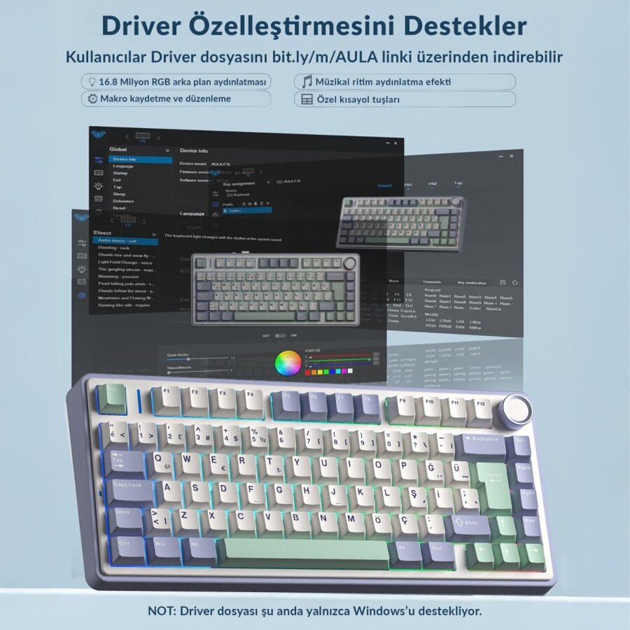 Aula F75 Mekanik RGB TKL Hot Swap GrayWood V4 Switch Kablosuz Makrolu Türkçe Q Klavye Pastel - 6