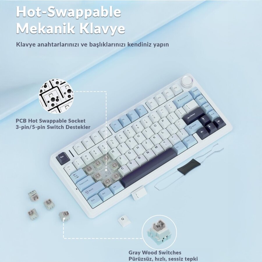 Aula F75 Mekanik RGB TKL Hot Swap GrayWood V4 Switch Kablosuz Makrolu Türkçe Q Klavye Pastel - 7