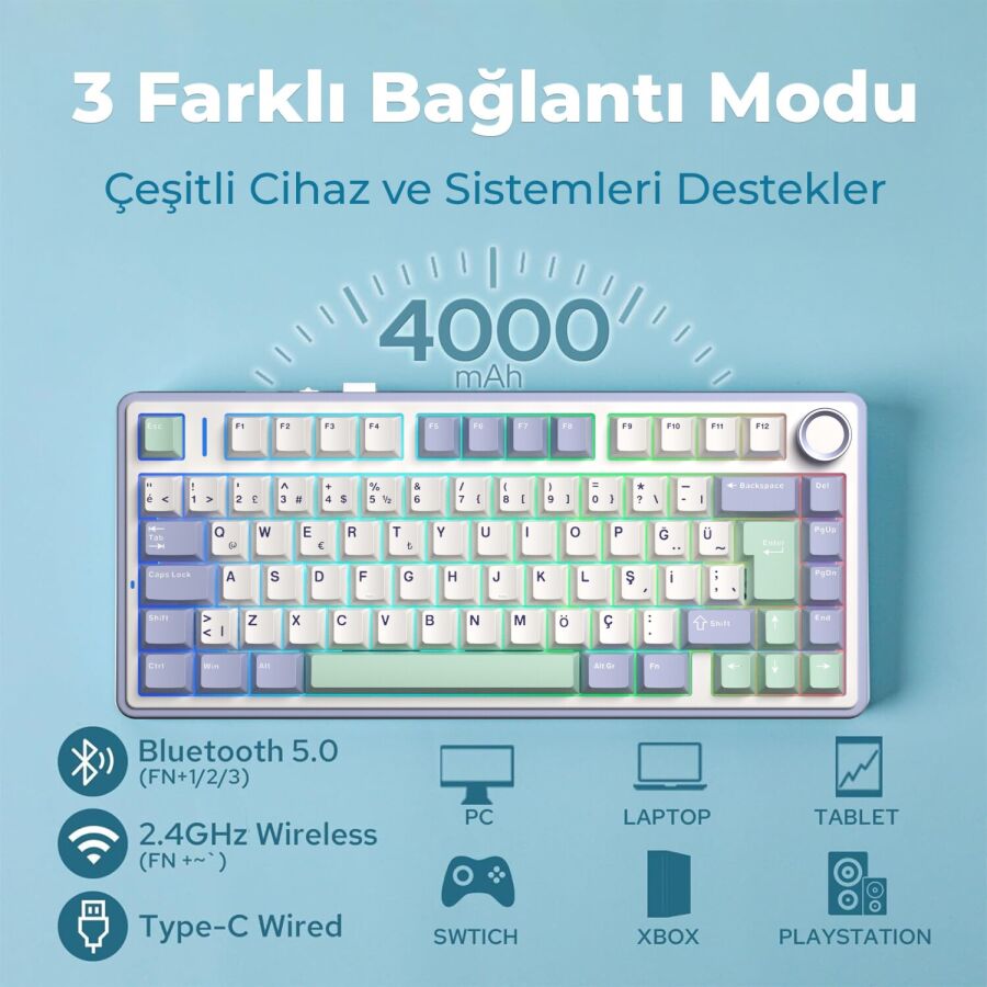 Aula F75 Mekanik RGB TKL Hot Swap GrayWood V4 Switch Kablosuz Makrolu Türkçe Q Klavye Pastel - 3
