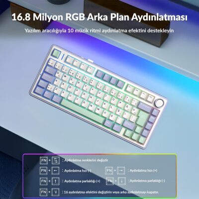 Aula F75 Mekanik RGB TKL Hot Swap GrayWood V4 Switch Kablosuz Makrolu Türkçe Q Klavye Pastel - 4