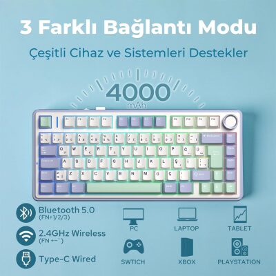 Aula F75 Mekanik RGB TKL Hot Swap GrayWood V4 Switch Kablosuz Makrolu Türkçe Q Klavye Pastel - 3