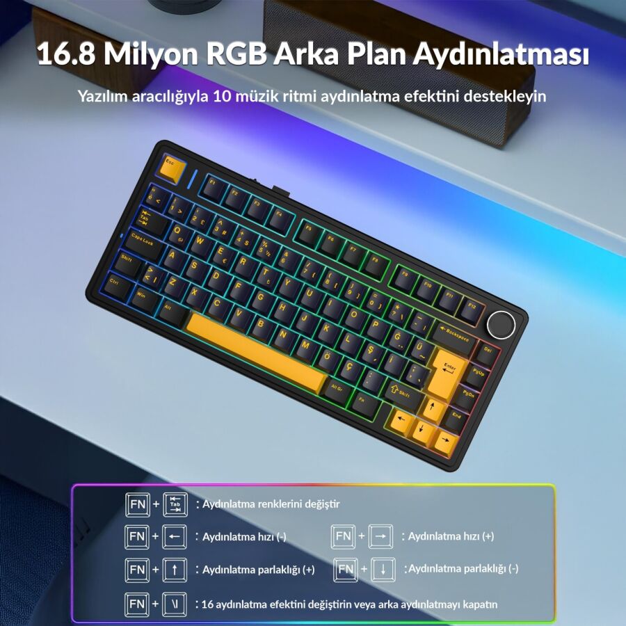 Aula F75 Mekanik RGB TKL Hot Swap GrayWood V4 Switch Kablosuz Makrolu Türkçe Q Klavye Siyah - 4