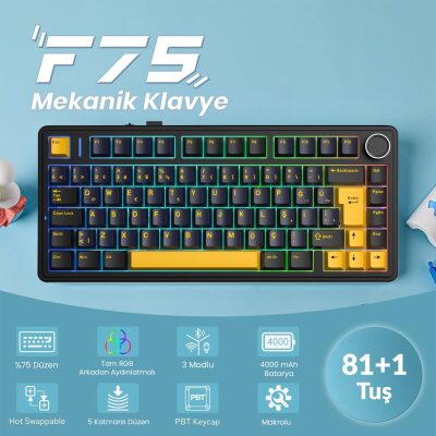 Aula F75 Mekanik RGB TKL Hot Swap GrayWood V4 Switch Kablosuz Makrolu Türkçe Q Klavye Siyah - 2