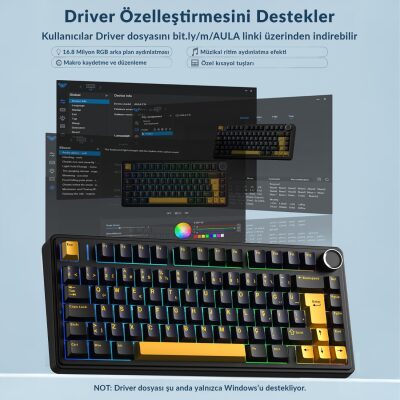 Aula F75 Mekanik RGB TKL Hot Swap GrayWood V4 Switch Kablosuz Makrolu Türkçe Q Klavye Siyah - 6