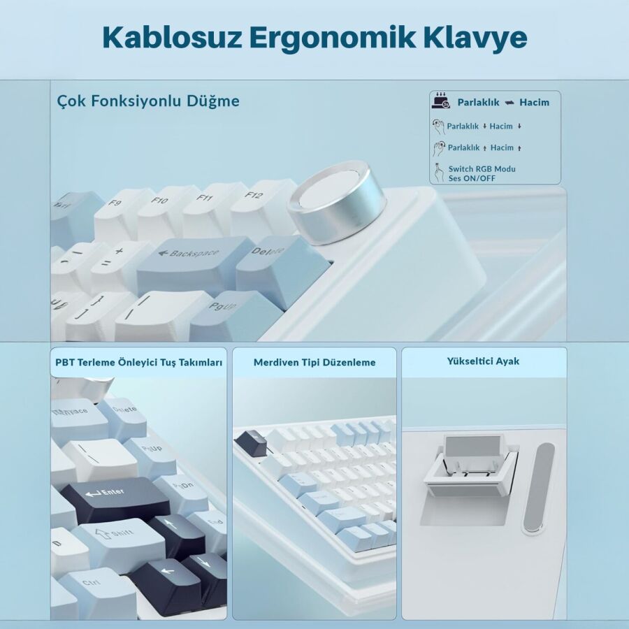 Aula F75 Mekanik RGB TKL Hot Swap GrayWood V4 Switch Kablosuz Makrolu Türkçe Q Klavye Siyah - 9