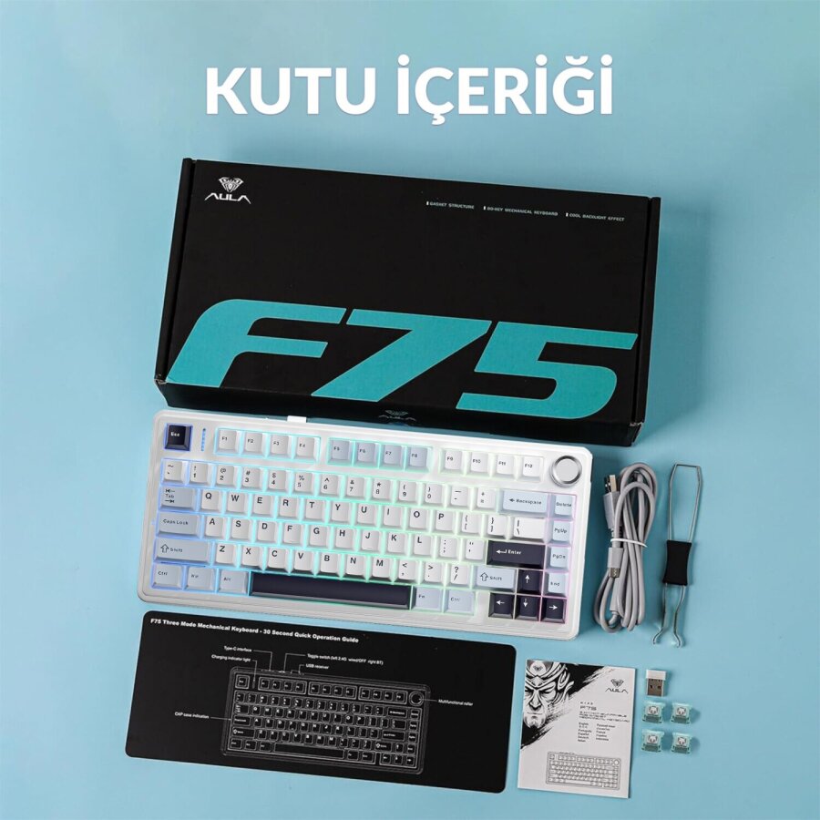Aula F75 Mekanik RGB TKL Ice Vein Switch Kablosuz Makrolu Hot Swap Klavye Lacivert - 3
