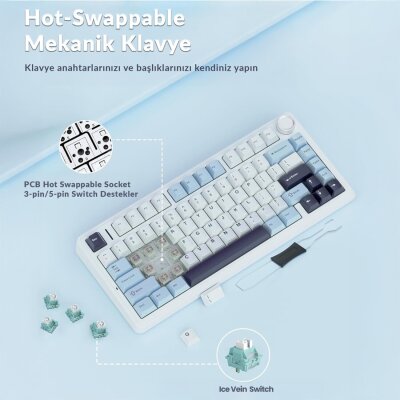 Aula F75 Mekanik RGB TKL Ice Vein Switch Kablosuz Makrolu Hot Swap Klavye Lacivert - 8