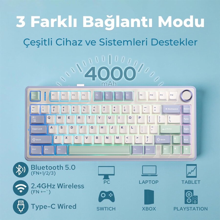 Aula F75 Mekanik RGB TKL Ice Vein Switch Kablosuz Makrolu Hot Swap Klavye Pastel - 3