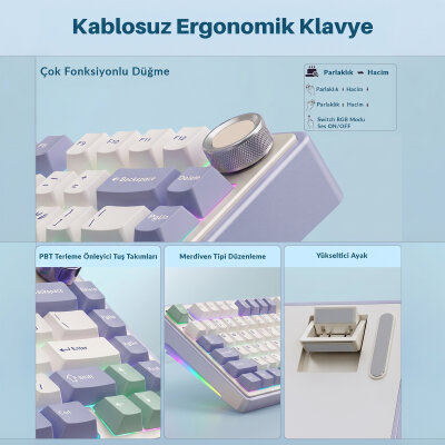 Aula F75 Mekanik RGB TKL Ice Vein Switch Kablosuz Makrolu Hot Swap Klavye Pastel - 4
