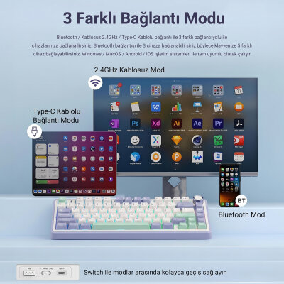 Aula F75 Mekanik RGB TKL Ice Vein Switch Kablosuz Makrolu Hot Swap Klavye Pastel - 7