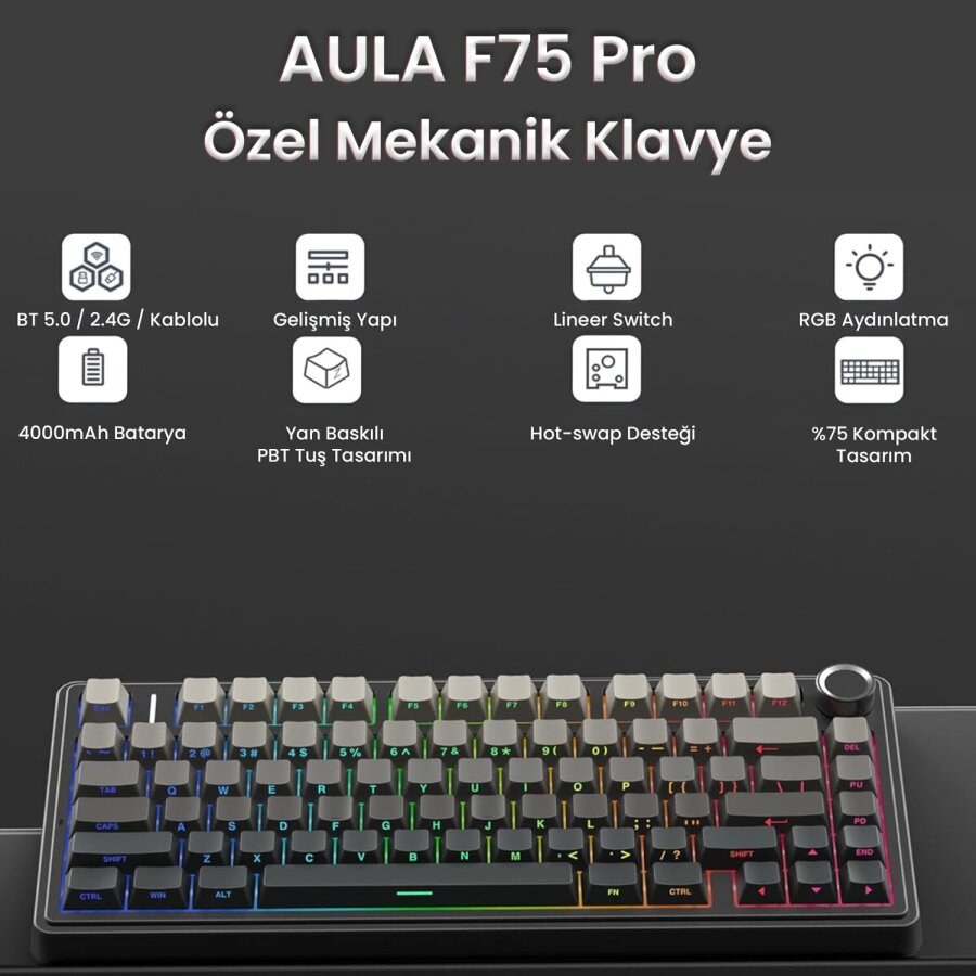 Aula F75 Mekanik RGB TKL Reaper Switch Kablosuz Makrolu Hot Swap Gaming Klavye Gradyan Gri - 2