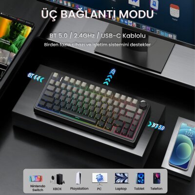 Aula F75 Mekanik RGB TKL Reaper Switch Kablosuz Makrolu Hot Swap Gaming Klavye Gradyan Gri - 3