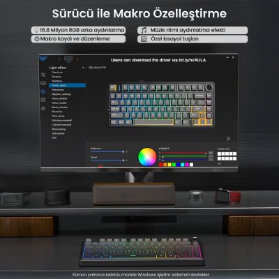 Aula F75 Mekanik RGB TKL Reaper Switch Kablosuz Makrolu Hot Swap Gaming Klavye Gradyan Gri - 4
