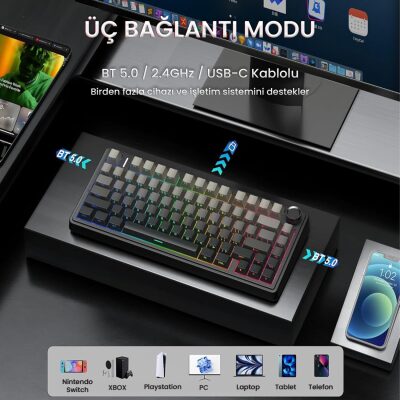 Aula F75 Mekanik RGB TKL Reaper Switch Kablosuz Makrolu Hot Swap Gaming Klavye Gradyan Gri - 3