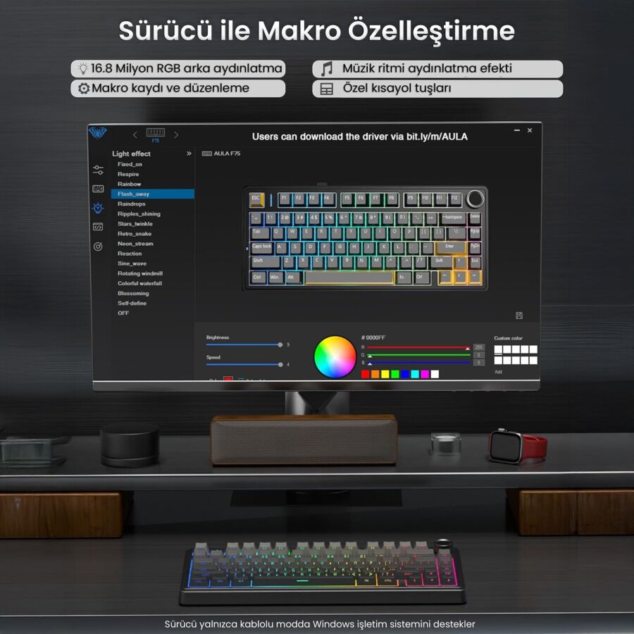 Aula F75 Mekanik RGB TKL Reaper Switch Kablosuz Makrolu Hot Swap Gaming Klavye Gradyan Gri - 4