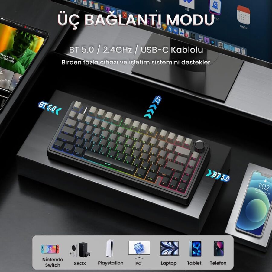 Aula F75 Mekanik RGB TKL Reaper Switch Kablosuz Makrolu Hot Swap Gaming Klavye Gradyan Gri - 3