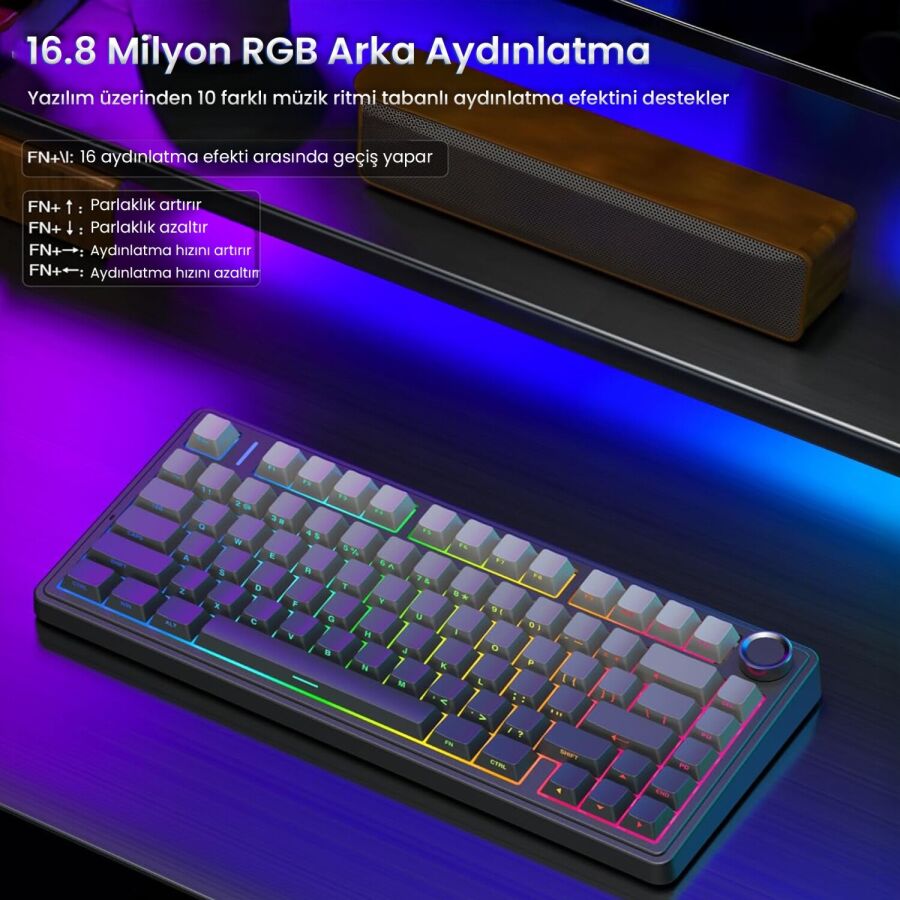 Aula F75 Mekanik RGB TKL Reaper Switch Kablosuz Makrolu Hot Swap Gaming Klavye Gradyan Gri - 5