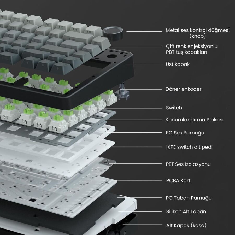 Aula F75 Mekanik RGB TKL Reaper Switch Kablosuz Makrolu Hot Swap Gaming Klavye Gradyan Gri - 6