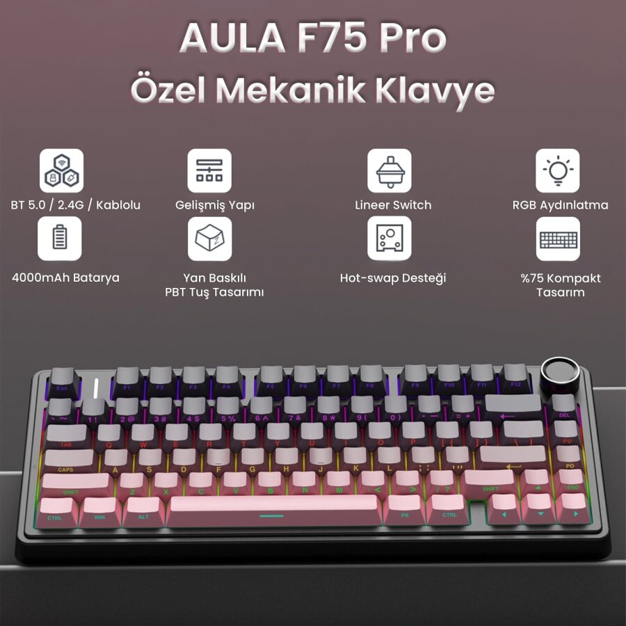 Aula F75 Mekanik RGB TKL Reaper Switch Kablosuz Makrolu Hot Swap Gaming Klavye Gradyan Pembe - 2