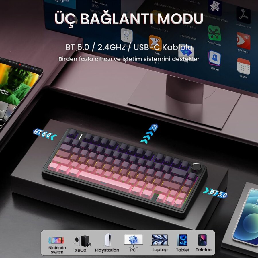 Aula F75 Mekanik RGB TKL Reaper Switch Kablosuz Makrolu Hot Swap Gaming Klavye Gradyan Pembe - 3