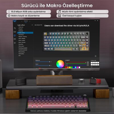 Aula F75 Mekanik RGB TKL Reaper Switch Kablosuz Makrolu Hot Swap Gaming Klavye Gradyan Pembe - 4